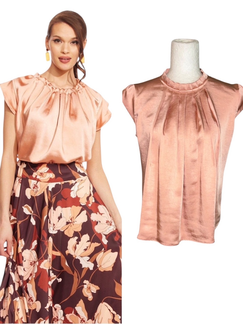 LN Eva Franco Anthropologie Annik Satin Cap Sleeve Pleated Blouse in Apricot  XS